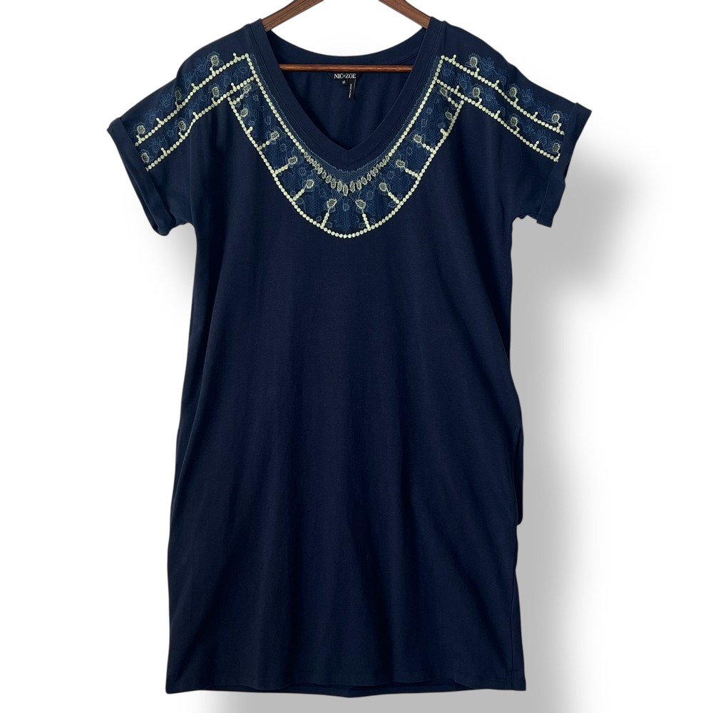 NIC+ZOE M Dress Navy Blue Pier Embroidered V Neck Casual T Shirt Pockets Coastal